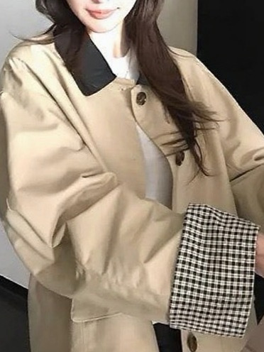 高智巴恩风 卡其色风衣撞色格纹拼接短款宽松外套女秋|undefined