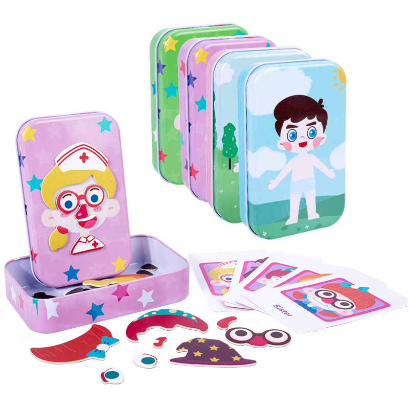 Caja de hierro para bebés Variedad Juego de disfraces Rompecabezas de expresión magnética Educación temprana para niños y niñas Juguetes de pegatinas magnéticas