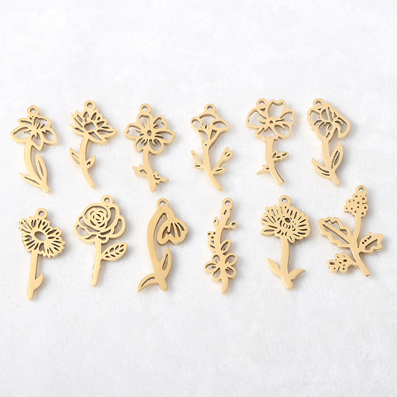 外贸新品个性时尚欧美风钥匙扣挂饰DIY镂空生辰花12种花项链挂坠