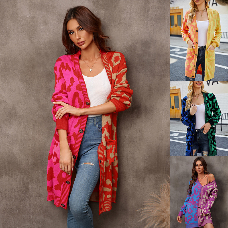 2026 Spring New European and American Style Sweater Amazon Leopard Print Patchwork Sweater Knit Cardigan Mid-Length Coat for Women