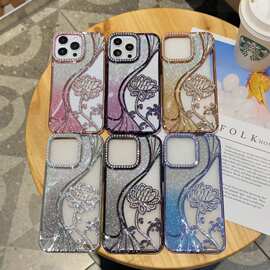 镂空闪粉水钻奢华高级手机壳适用于苹果17pm花朵iPhone15pm欧美