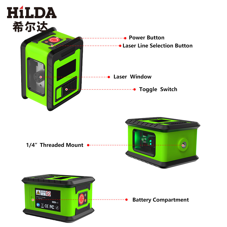 Hilda láser nivel infrarrojo portátil mini pequeña luz verde 2-alambre proyector medidor de nivel de alta precisión