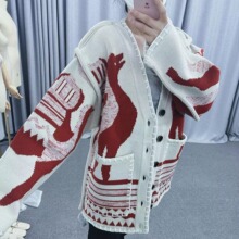 欧洲站游牧风鸵鸟提花撞色重磅手工缝线锁边宽松加厚开衫毛衣外套