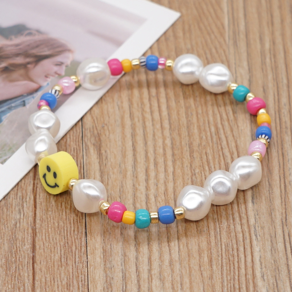 Bohemian Style Colorful Bead Imitation Pearl Polymer Clay Yellow Smiley Handmade Beaded Small Bracel