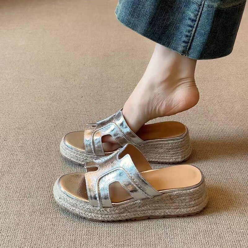 In Stock ~ 5cm Casual Versatile Straw Thick-Soled Wedge Heel Height-Increasing Fashionable Open-Toe Sandals for Women