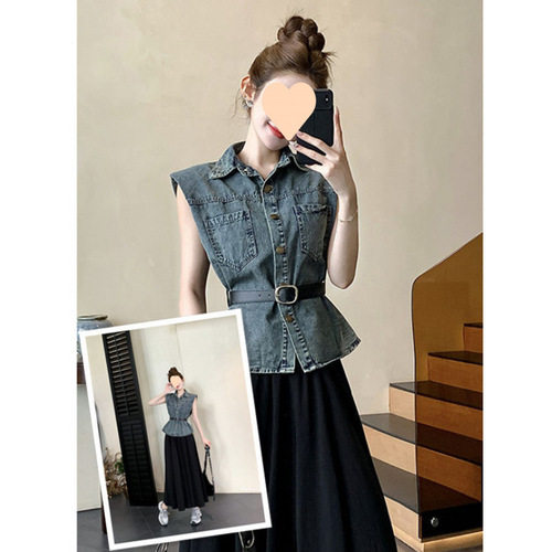 Women's Petite Summer Outfit: Two-Piece Flowy Sheath Dress Set with No-Sleeve Chanel-Inspired Denim Suit, Exuding High-End Elegance