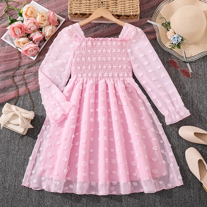 Niñas grandes faldas de comercio exterior ropa infantil otoño 2025 nuevo estilo francés cuello cuadrado mangas largas cintura dulce vestido elegante