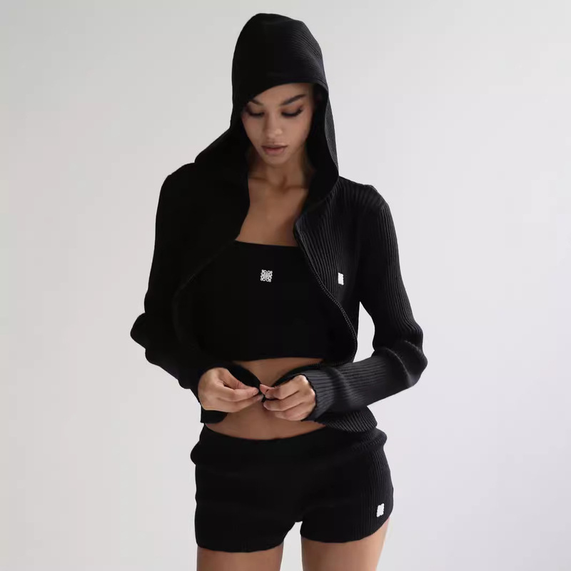 badblood Black Zipper Short Knitwear Women's American Style Retro Slimming Sports Hooded Cardigan Sweater Coat badblood Black Zipper Short Knitwear Women's American Style Retro Slimming Sports Hooded Cardigan Sweater Coat