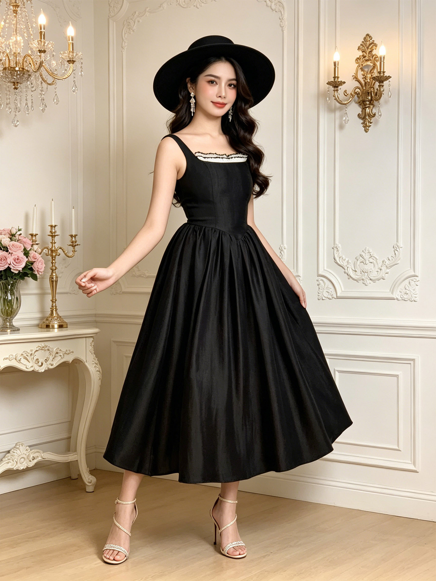 Đầm maxi nữ thắt eo cổ vuông dây mảnh phong cách Hepburn — đen