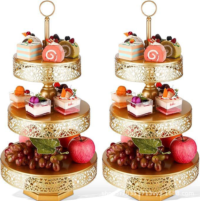 Fiesta de té de cumpleaños Decoración de mesa Soporte de postre Taza de papel redonda Torre de pastel Estante de pastel dorado Bandeja de servicio en capas