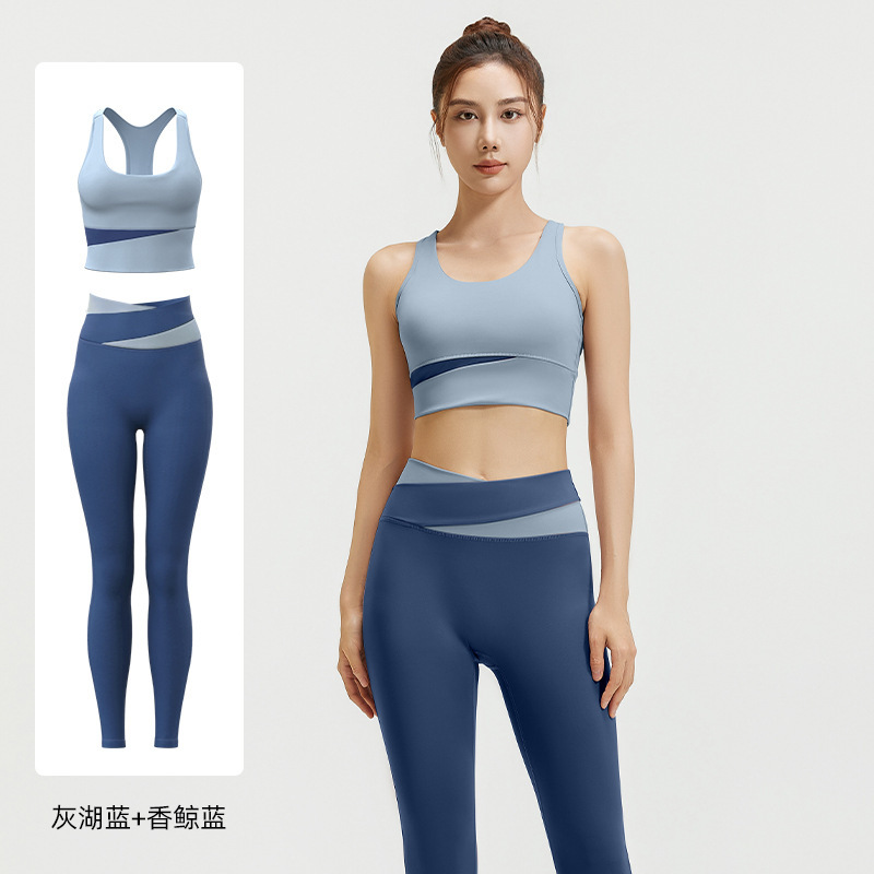 Juyitang カラーブロックハイウエストおなかコントロールヨガウェア耐衝撃スポーツスーツタイトなヒップリフティングヌードフィットネスウェア女性用|undefined