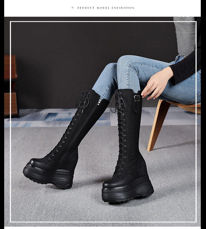 Boot Martin nữ tăng chiều cao đế dày 14 cm, phong cách thu đông — Màu đen lót nhung chi tiết 6
