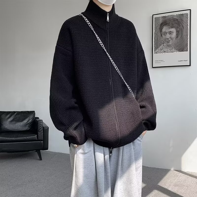 Retro Color-Block Cardigan – Oversized Stand Collar Sweater With Dual-Zip (M-3XL, Grey/Black)_voghion.com