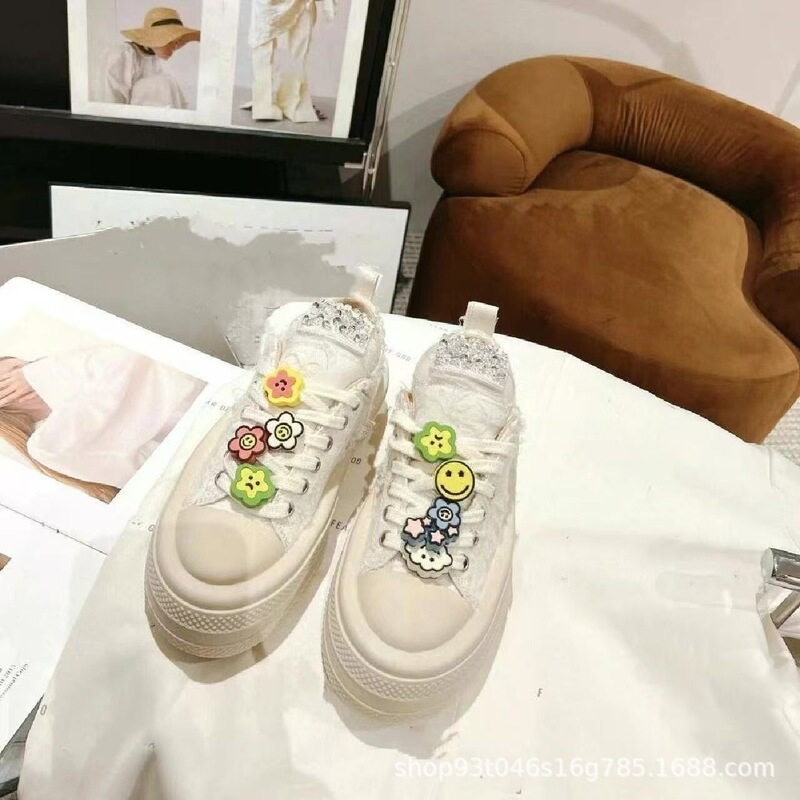 foreshaddw 趙魯思と同じ厚底キャンバス婦人靴スマイリーフェイスクラウド多用途カジュアルホワイトスポーツスニーカー|undefined