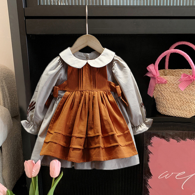 Abito da ragazza con colletto per bambola in edizione coreana, stagione primaverile e autunnale, nuova principessa della foresta a maniche lunghe alla moda per bambini_voghion.com