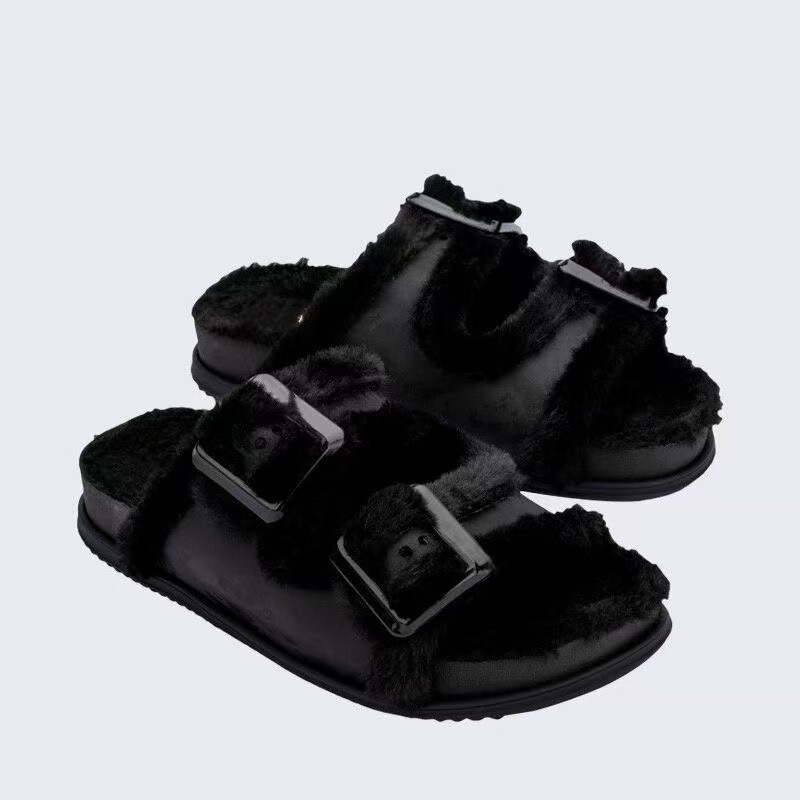 Melissa Furry Slippers for Women, 2025 New Autumn and Winter Fashion Leather Buckle Plush Cotton Slippers Melissa Furry Slippers for Women, 2025 New Autumn and Winter Fashion Leather Buckle Plush Cotton Slippers
