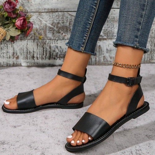 Women's Summer Open-Toe Simple Flat Roman Sandals with Metal Single Buckle, Large Size, Four-Season Cool Shoes for Students