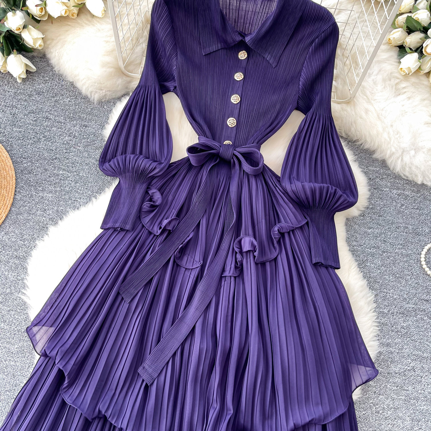 Korean Style Lantern Sleeve Dress, Women's Fitted Waist Tie Ruffle Pleated Cake Skirt, Slimming Long Skirt_ecoleips.com
