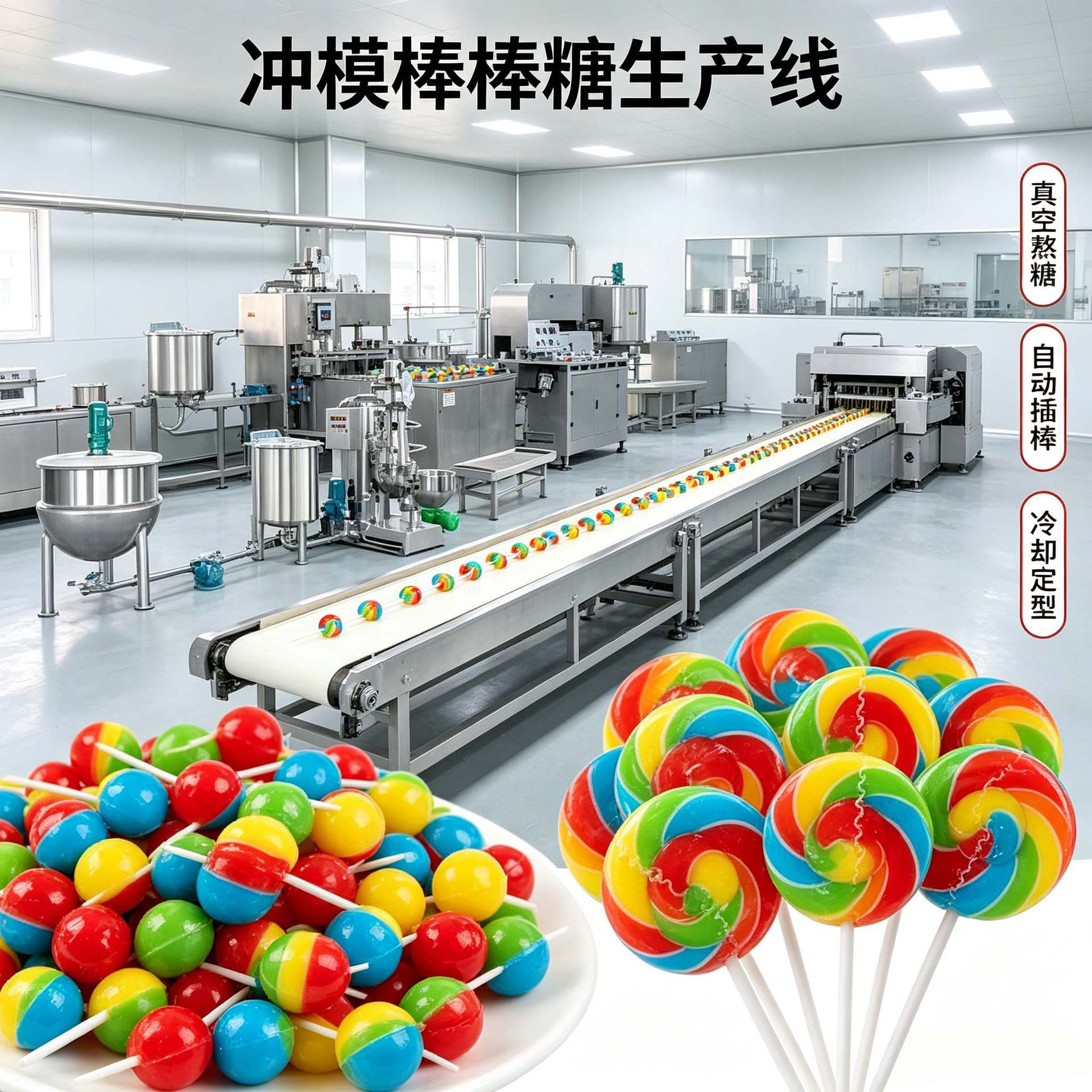 半自动冲压棒棒糖生产线真空熬煮冷却定型成束包装揉糖机整套设备