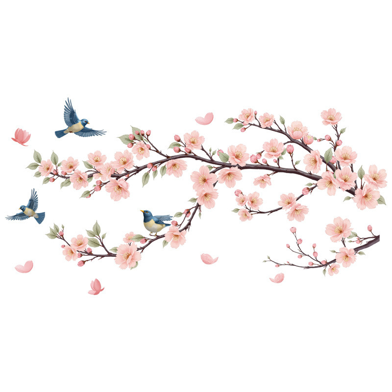 植物枝条花卉贴纸花朵小鸟背景墙可移除自粘墙贴亚马逊贴画 39065|undefined