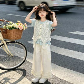 女童洋气套装2026夏季新款韩版儿童时髦花边马甲打底直筒裤三件套