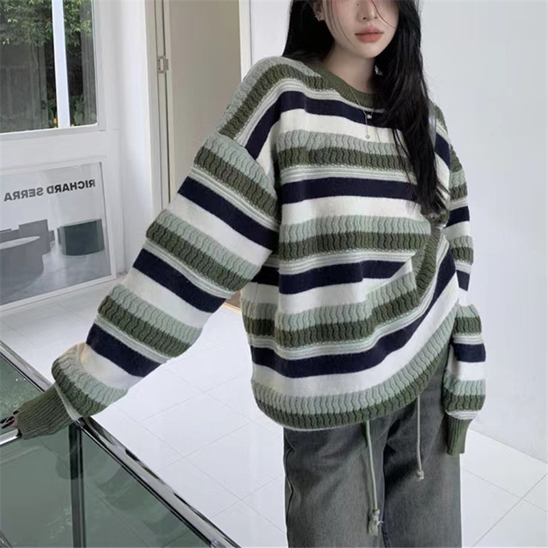 Suéter de rayas retro para mujer Otoño e Invierno 2023 Otoño e Invierno Nuevo estilo perezoso suelto desgaste exterior suéter engrosado image 7