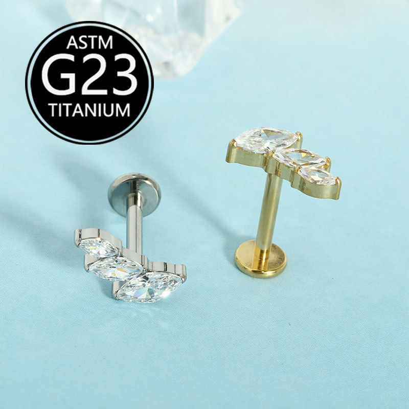 G23 Titanium Lip Piercing Jewelry Marquise Zircon Leaf Diamond Stud 16g Labret detail image 5