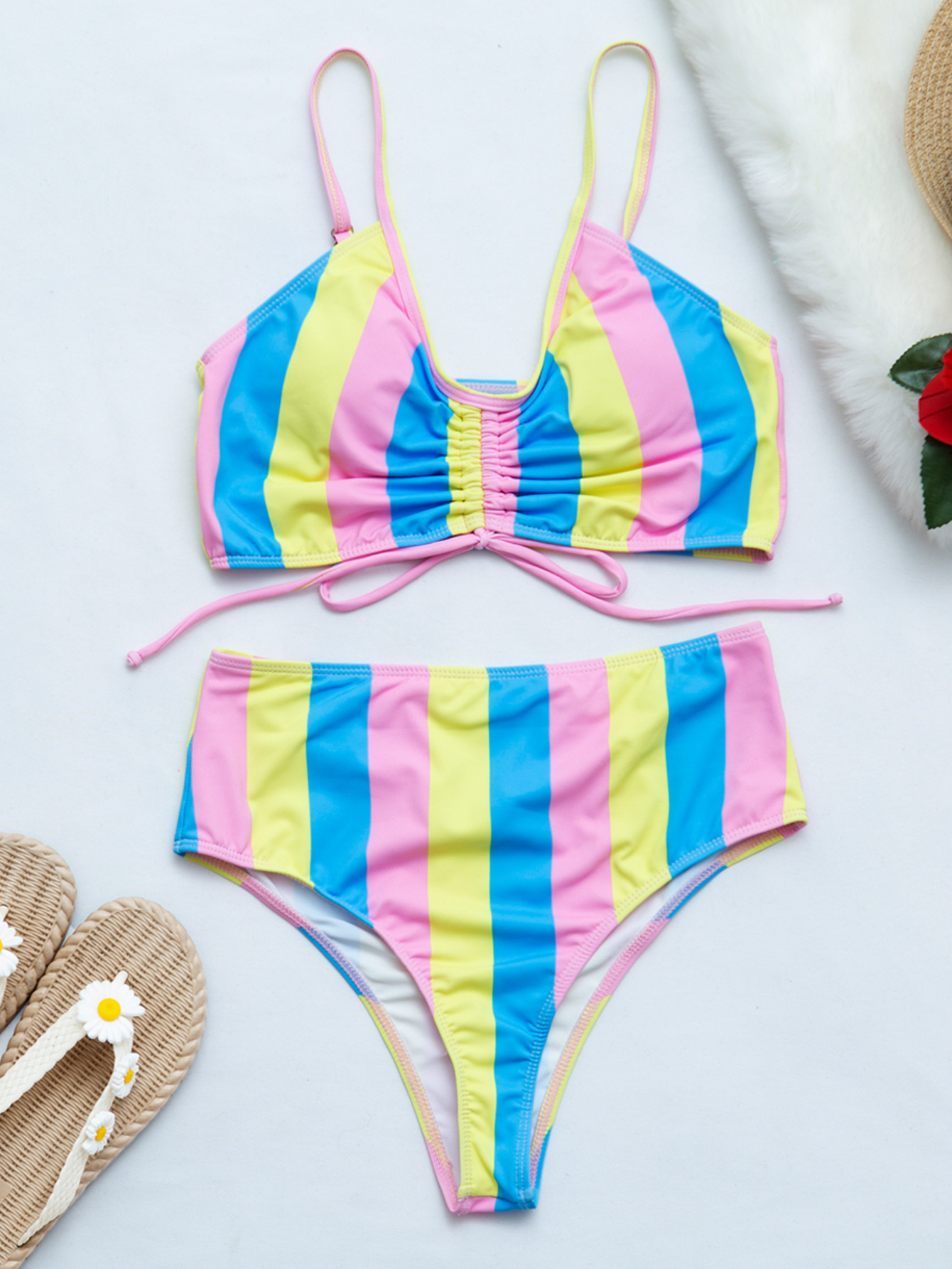 Striped Print Lace-Up Bikini Split 2 Piece Set Swimsuit NSCMB98406