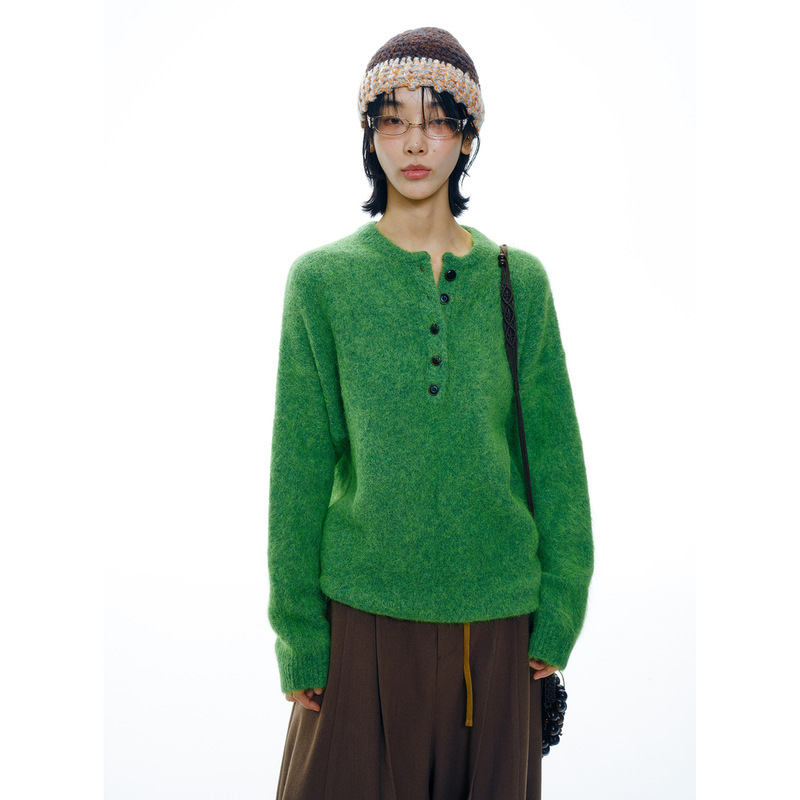 [Time-Sensitive] New Product Crazy Alpaca Wool Henry Collar Solid Color Versatile Long-Sleeve Warm Pullover Soft Sweater V9948