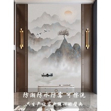墙纸中式3d立体水墨山水玄关背景墙壁纸复式别墅壁布客厅墙布壁画