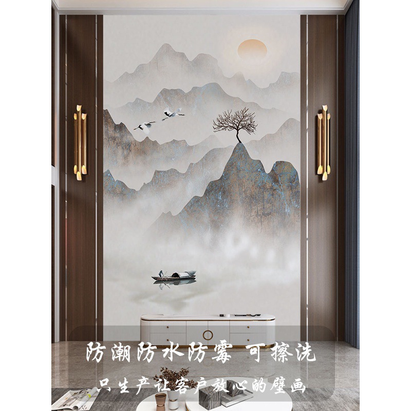 墙纸中式3d立体水墨山水玄关背景墙壁纸复式别墅壁布客厅墙布壁画