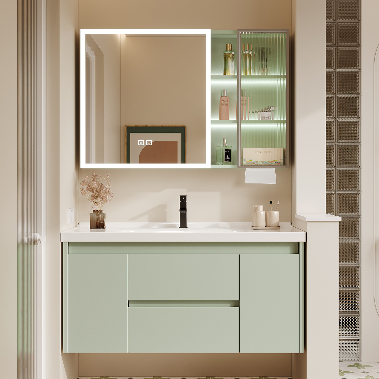 New Thickened Honeycomb Space Aluminum Bathroom Cabinet Combination Modern Simple Cream Style Ceramic Integrated Basin Washbasin Cabinet
