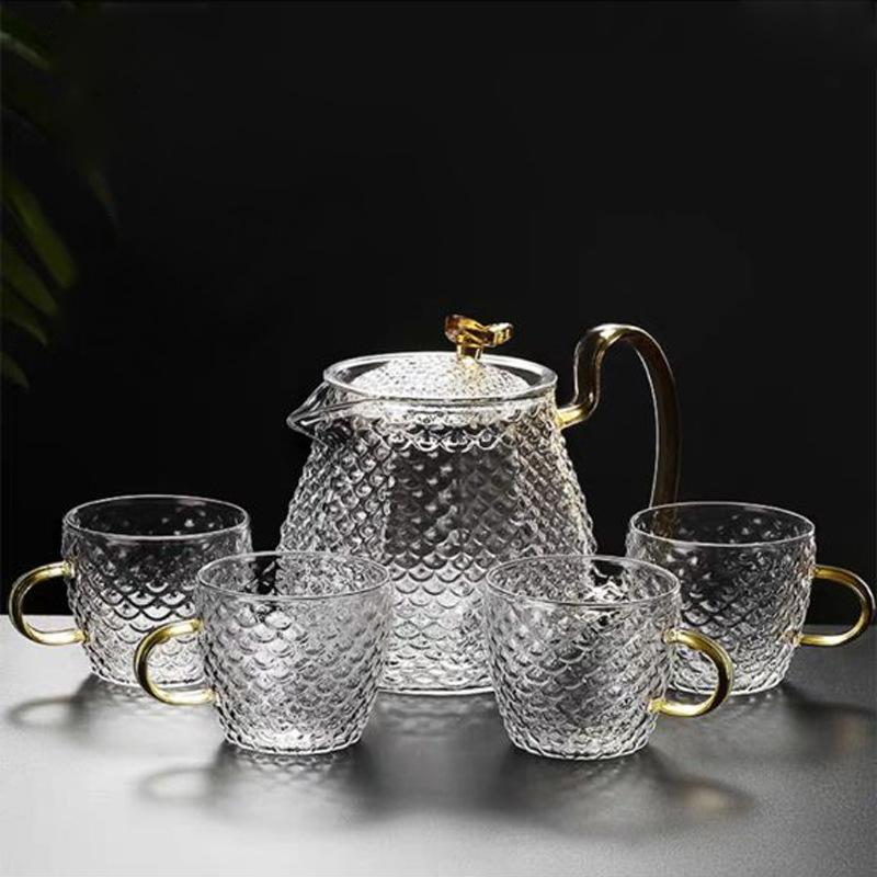 Caja de regalo de té de vidrio de borosilicato hogar traje tetera de flores de vidrio patrón de martillo japonés filtro separador de té