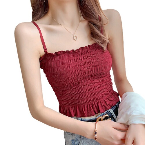 Beautiful back ice silk pleated suspender vest top with adjustable base and adjustable strap Korean version short style with chest pad wrapped underwear