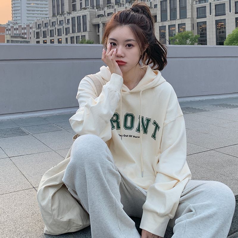 oversize fleece-lined Thickened Hooded Sweatshirt Women's Autumn and Winter Loose Letter Printed Lazy Style Top Fashionable Jacket