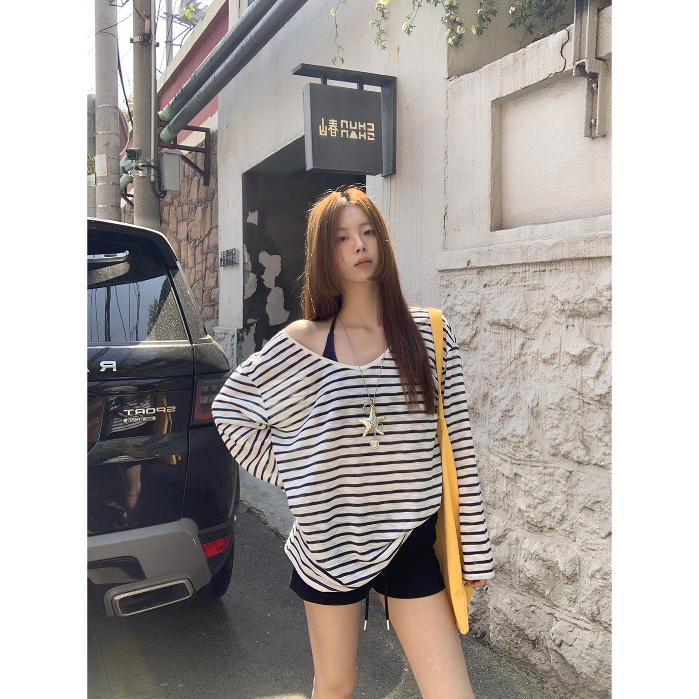 Tencel Linen Sun Protection Cover-Up for Women, Summer Ootd Outfit, Summer Air-Conditioned Long-Sleeve T-Shirt, Loose Striped Off-Shoulder Top