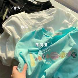 刺绣短袖T恤女韩国女装货源新款宽松学生圆领打底衫上衣一件代发