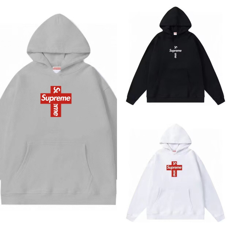 Trendy Brand Supreme Letter Cross Print Terry Hooded Sweatshirt High Street Print Loose Men and Women Cross-Border
