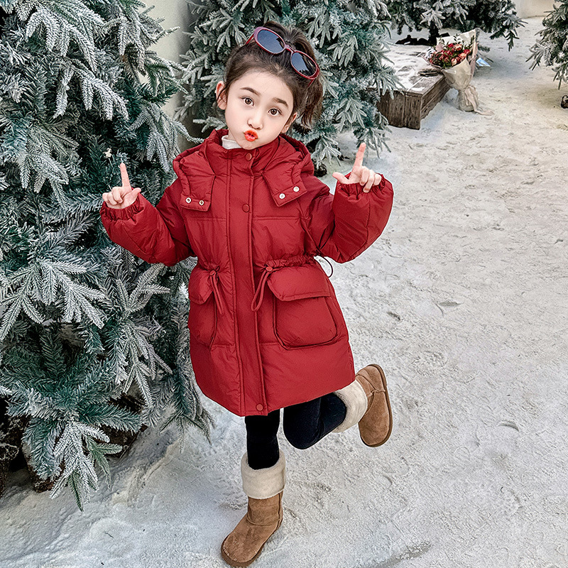 Chaqueta de plumón de niñas de estilo largo y medio para niños de estilo extranjero coreano blanco de acero grueso ropa de invierno de mujeres tesoro chaqueta de Año Nuevo rojo