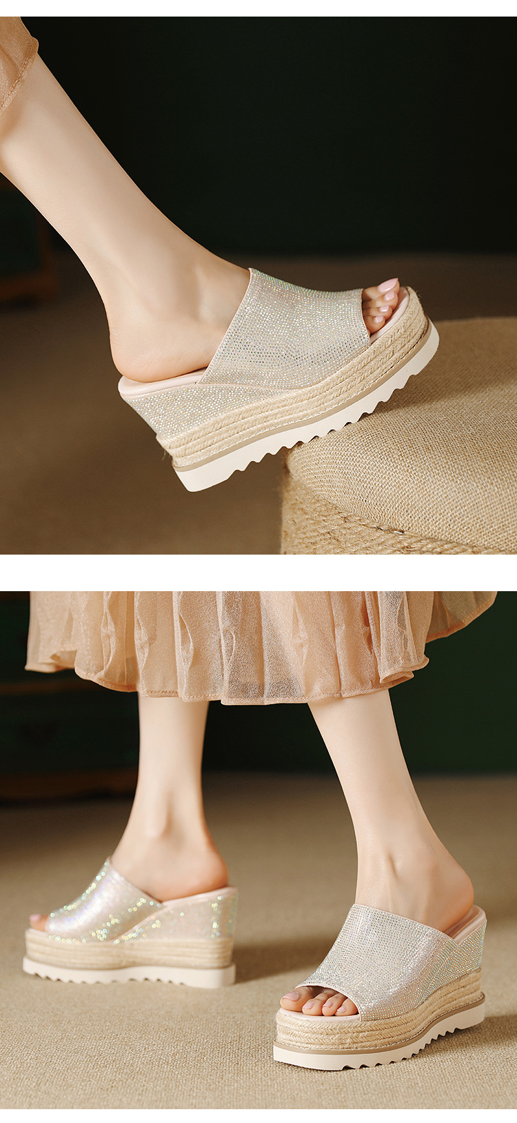 Sandal cao gót nữ đế xuồng đan rơm mũi hở đính đá — màu hồng nhạt, bạc chi tiết 4