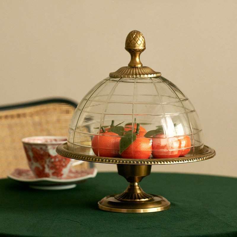法式宫廷复古黄铜双层点心甜品托盘欧式餐厅玻璃罩蛋糕展示盘摆件
