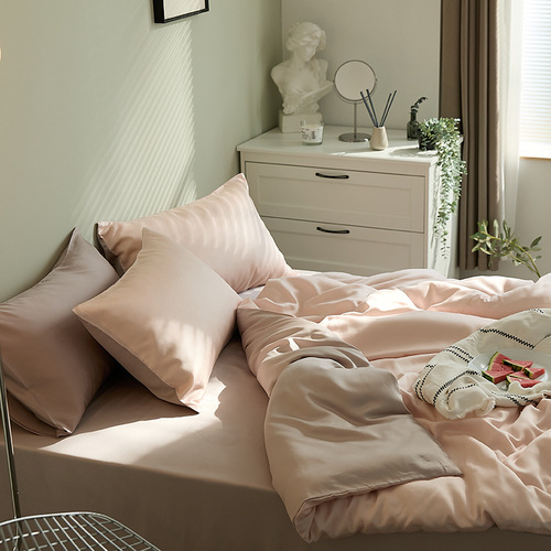 Internet celebrity ins style solid color tencel double color matching four piece set small fresh bed sheets fitted sheet quilt cover dormitory group purchase