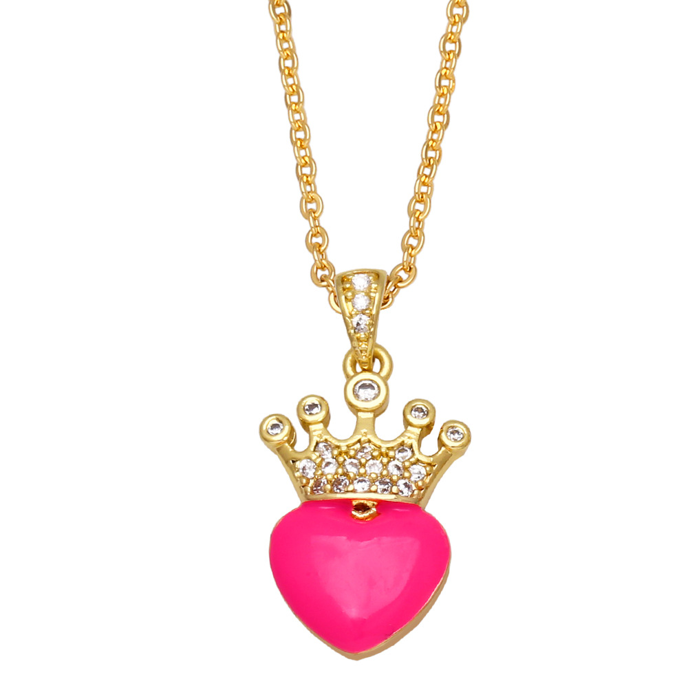 Fashion Heart Shape Crown Copper Pendant Necklace Inlay Zircon Copper Necklaces