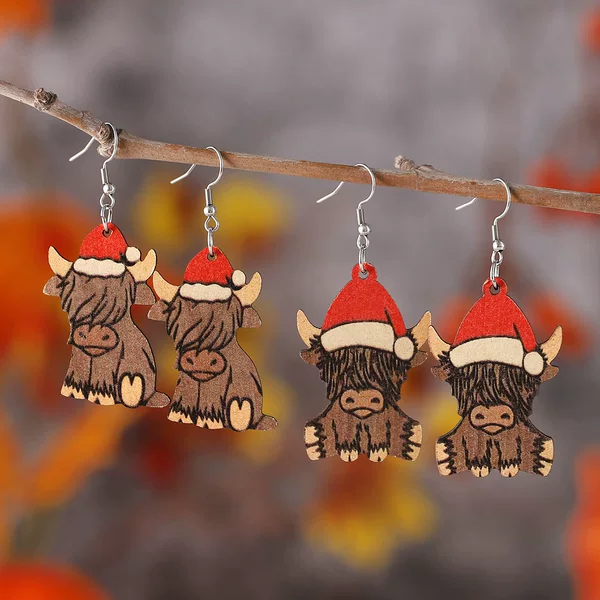 Cross-Border New Christmas Western Style Christmas Hat Alpine Cow Pendant Earrings Wooden Double-Sided Earrings Christmas Ornaments