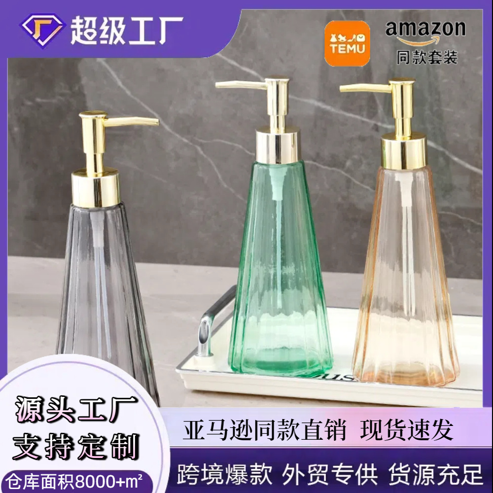 Amazon explosivo desinfectante de manos cónico botella de vidrio dividida de gel de baño de lavado de lavado de manos de presión botella de cabeza de bomba