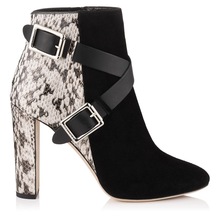 新短靴踝靴交叉绑带金属扣蛇皮纹粗跟纯手工原单厂家直销