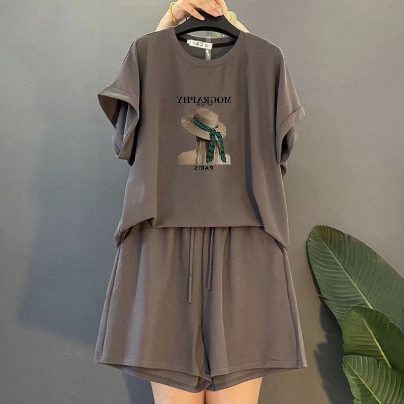 Plus Size Summer Fashion Casual Age-Reducing Sports Versatile Batwing Sleeve Set for Women Korean Version Slimming Two-Piece Trendy