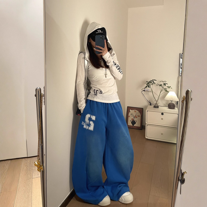 蓝色渐变阔腿抽绳卫裤女春秋季新款多巴胺垂感拖地休闲运动长裤女|undefined