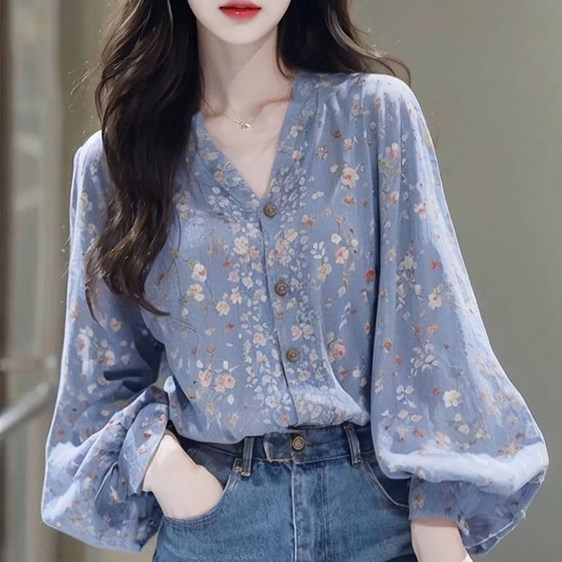 法式初秋绝美独特淑女气质森系蓝色碎花长袖衬衫上衣慵懒宽松外穿|undefined