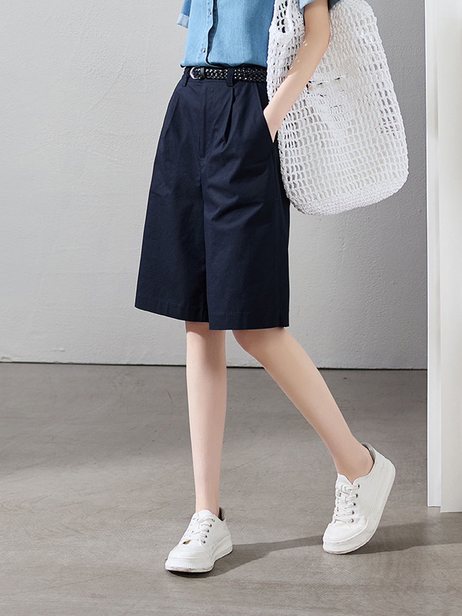 Quần short nữ cạp cao ống rộng chữ A dáng suông mùa hè — Màu be, Màu xanh navy